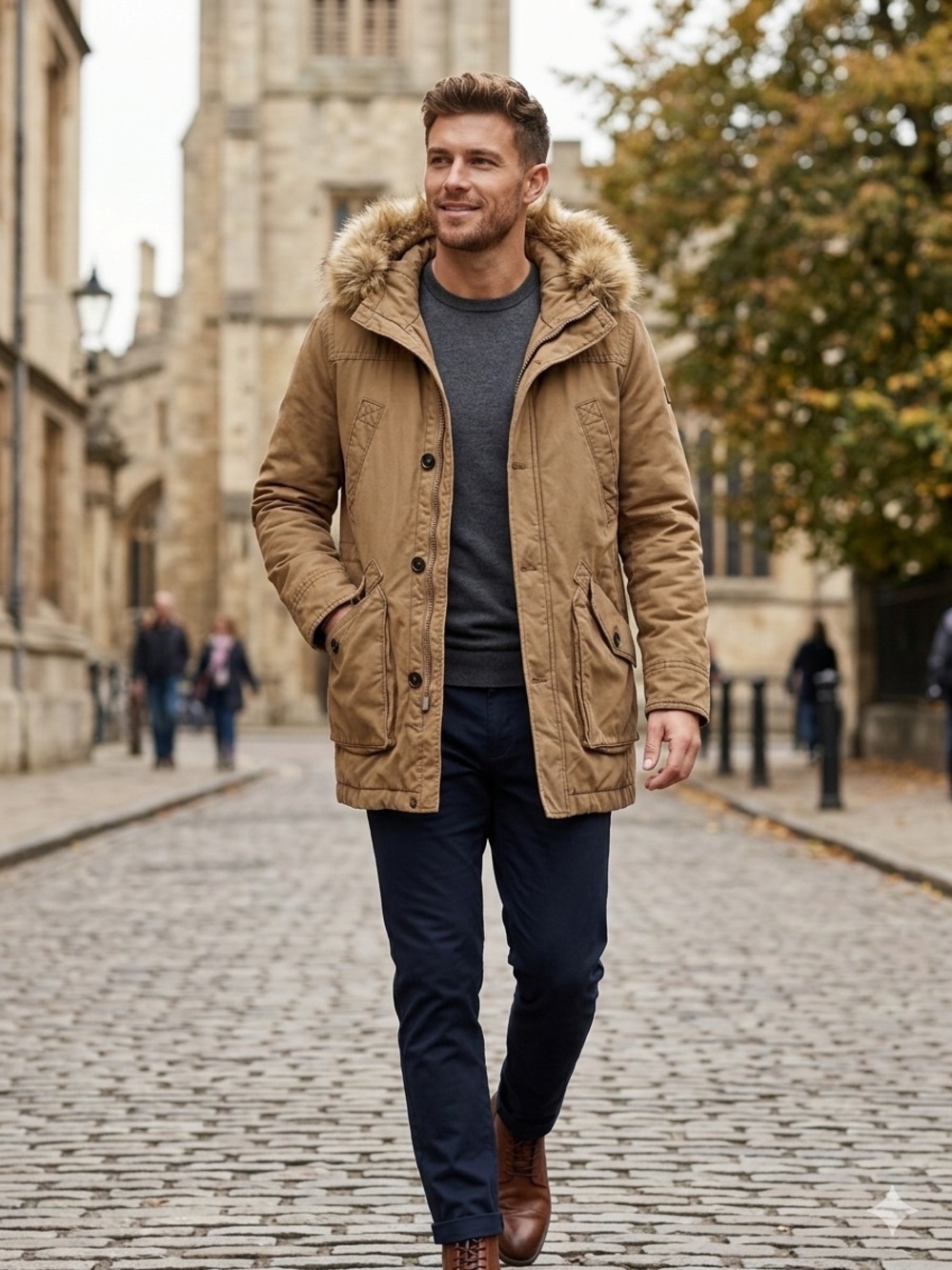 HUGO BOSS Men's Tan Field Parka with Fur Hood